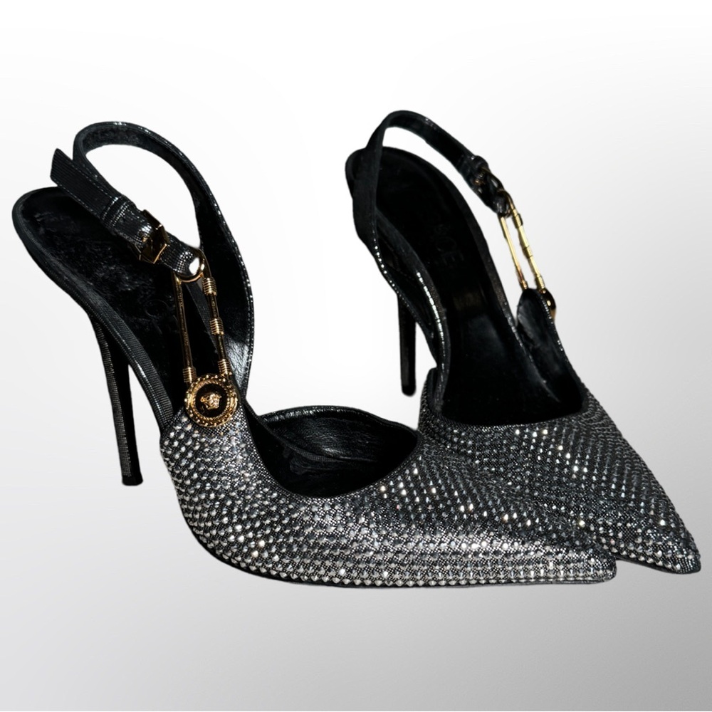 Versace Safety Pin Micro Suede Black Crystal Pumps